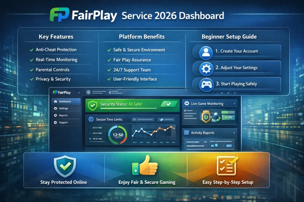 Fairplay service 2026 dashboard interface showing features, benefits, and beginner setup guide for safe and easy platform usage